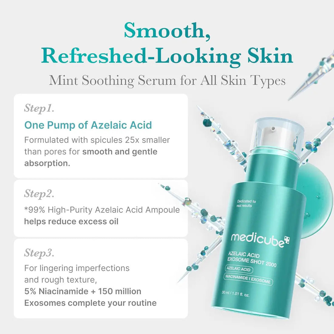 Teal serum bottle with text on a light gray background