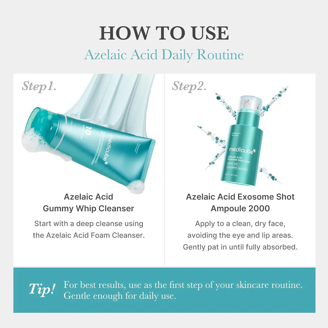 Instructions on how to use Azelaic Acid Daily Routine with images of cleanser and ampoule.