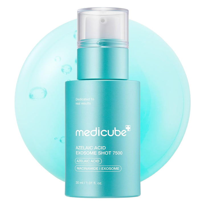 Medicube Azelac Acid Exosome Shot 7500 skincare product on a light blue background
