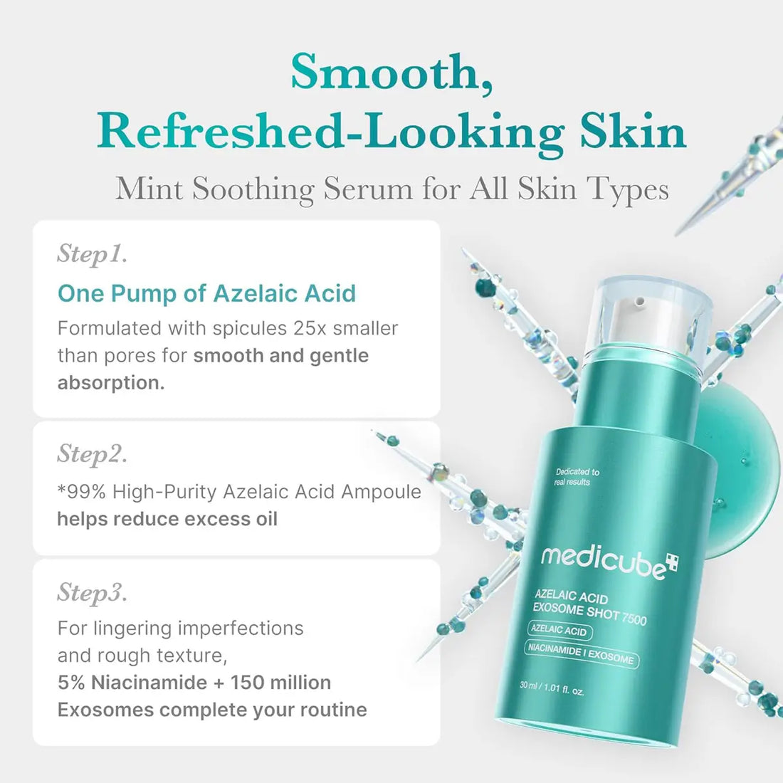 Teal serum bottle with text on a light gray background