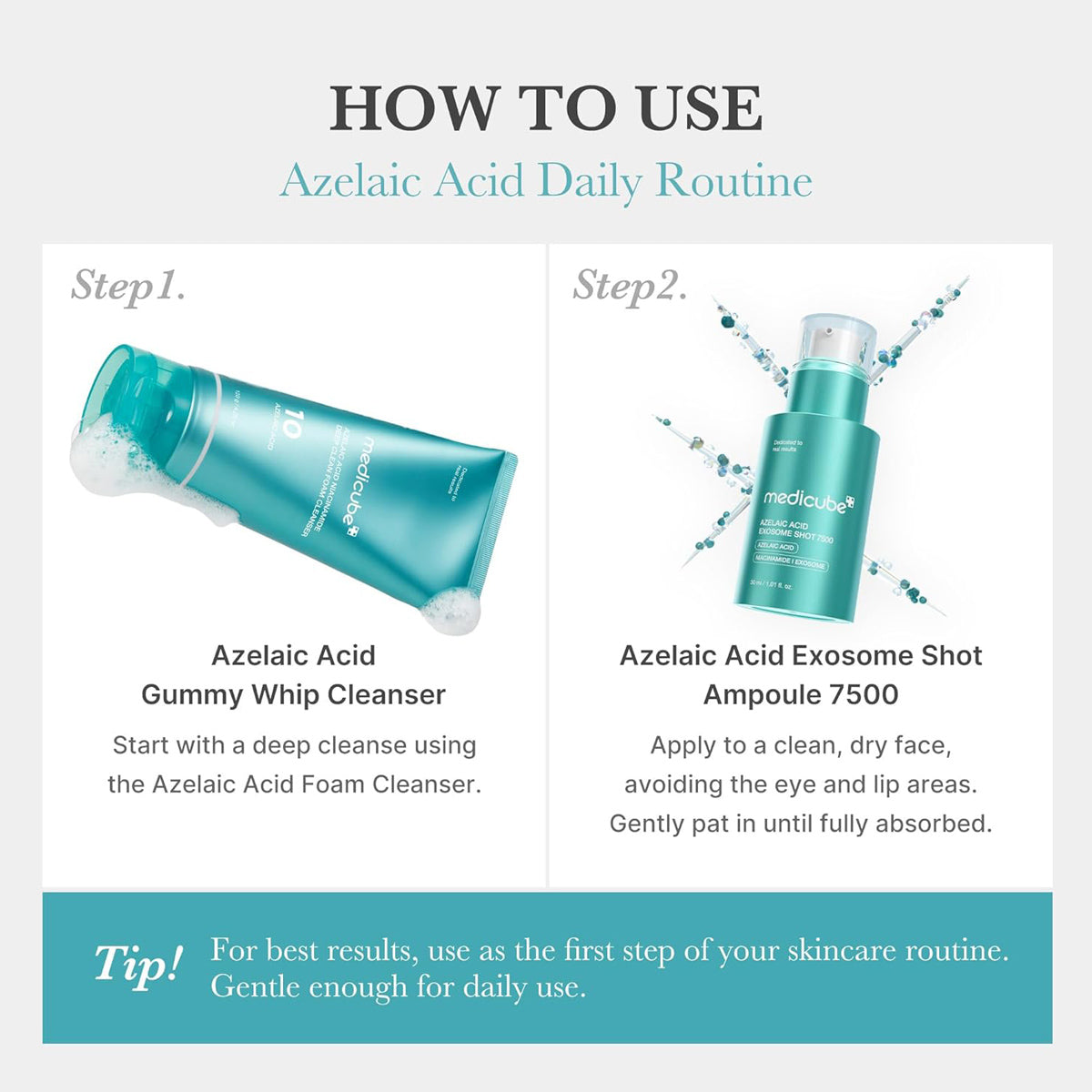 Instructions on how to use Azelaic Acid Daily Routine with product images and text.