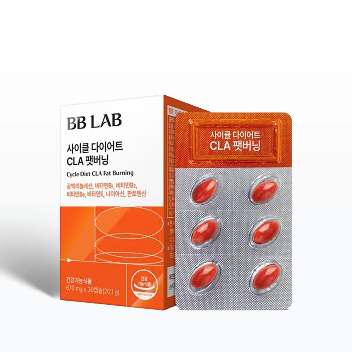BB LAB CLA 패바닝 Cycle Diet CLA Fat Burning supplement packaging, showing an orange and white box next to a silver blister pack containing six red oval capsules, on a white background.