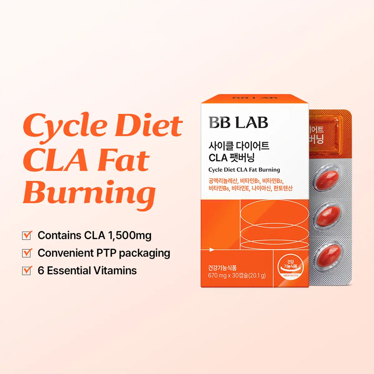 BB LAB Cycle Diet CLA Fat Burning supplement packaging shown on a light peach background with promotional text. The box is orange and white with a blister pack containing red oval capsules visible on the right.