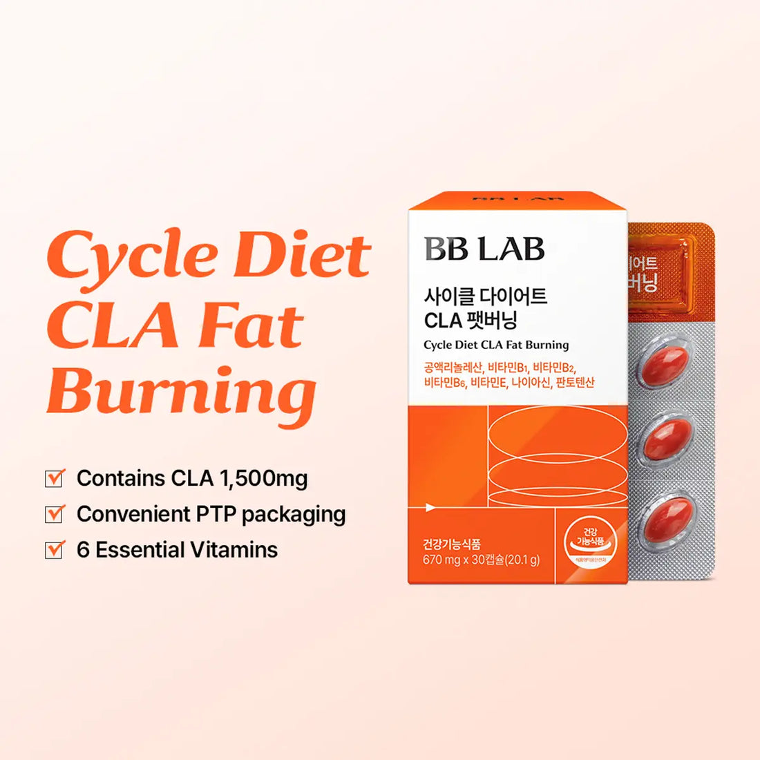 BB LAB Cycle Diet CLA Fat Burning supplement packaging shown on a light peach background with promotional text. The box is orange and white with a blister pack containing red oval capsules visible on the right.