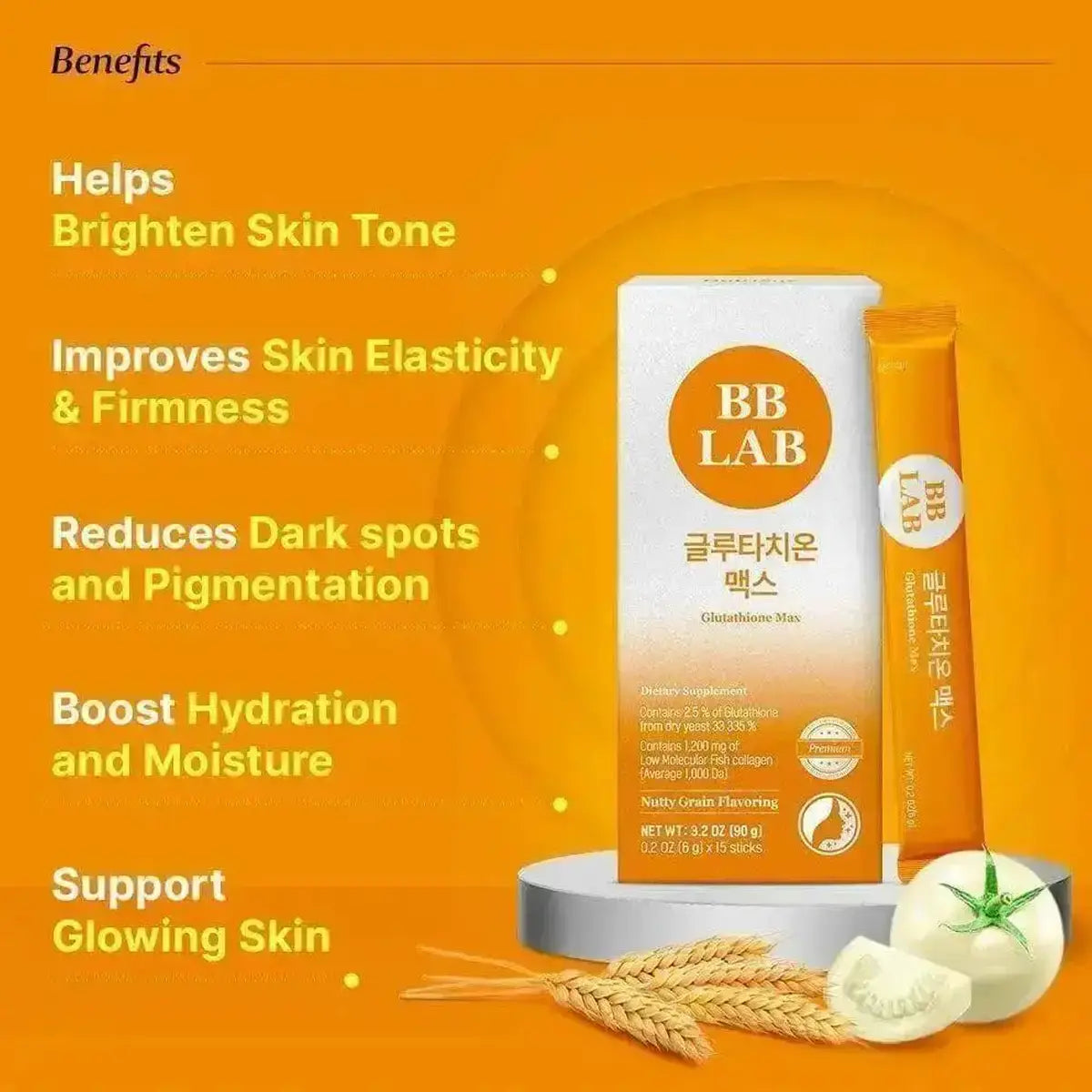 BB LAB Glutamine Mask sachet and stick pack set on an orange background with text detailing skin benefits, alongside wheat and tomato illustrations.