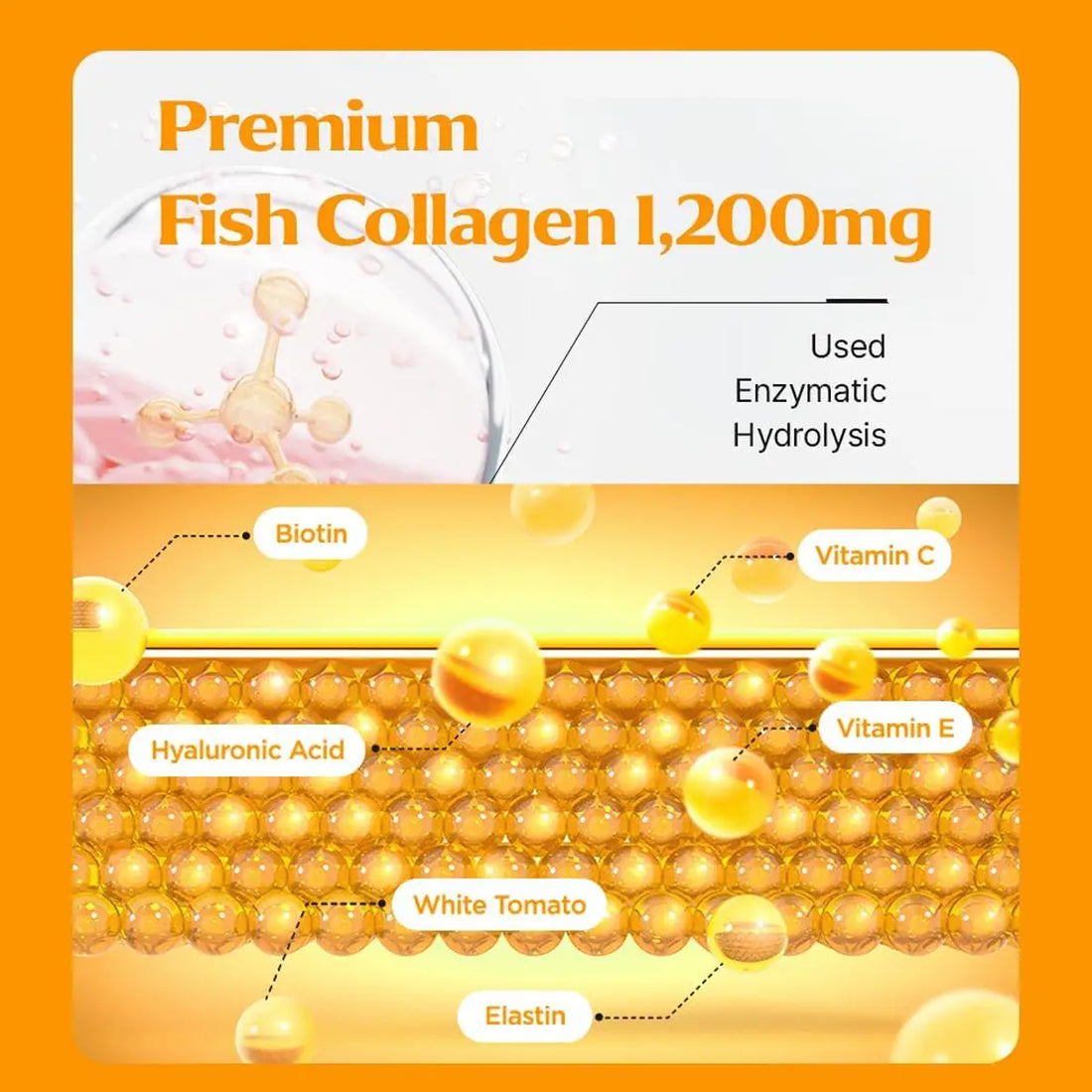Promotional graphic for Premium Fish Collagen 1,200mg, showing a cross-section of skin layers with labeled ingredients including Biotin, Vitamin C, Vitamin E, Hyaluronic Acid, White Tomato, and Elastin on an orange background.