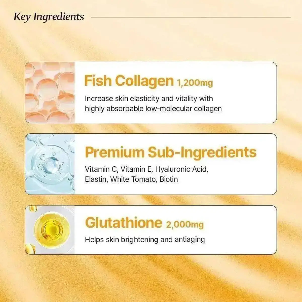 A promotional ingredient graphic on a warm beige background with three horizontal panels. The top panel reads 'Key Ingredients' and shows 'Fish Collagen 1,200mg' with a small collagen-structure image.