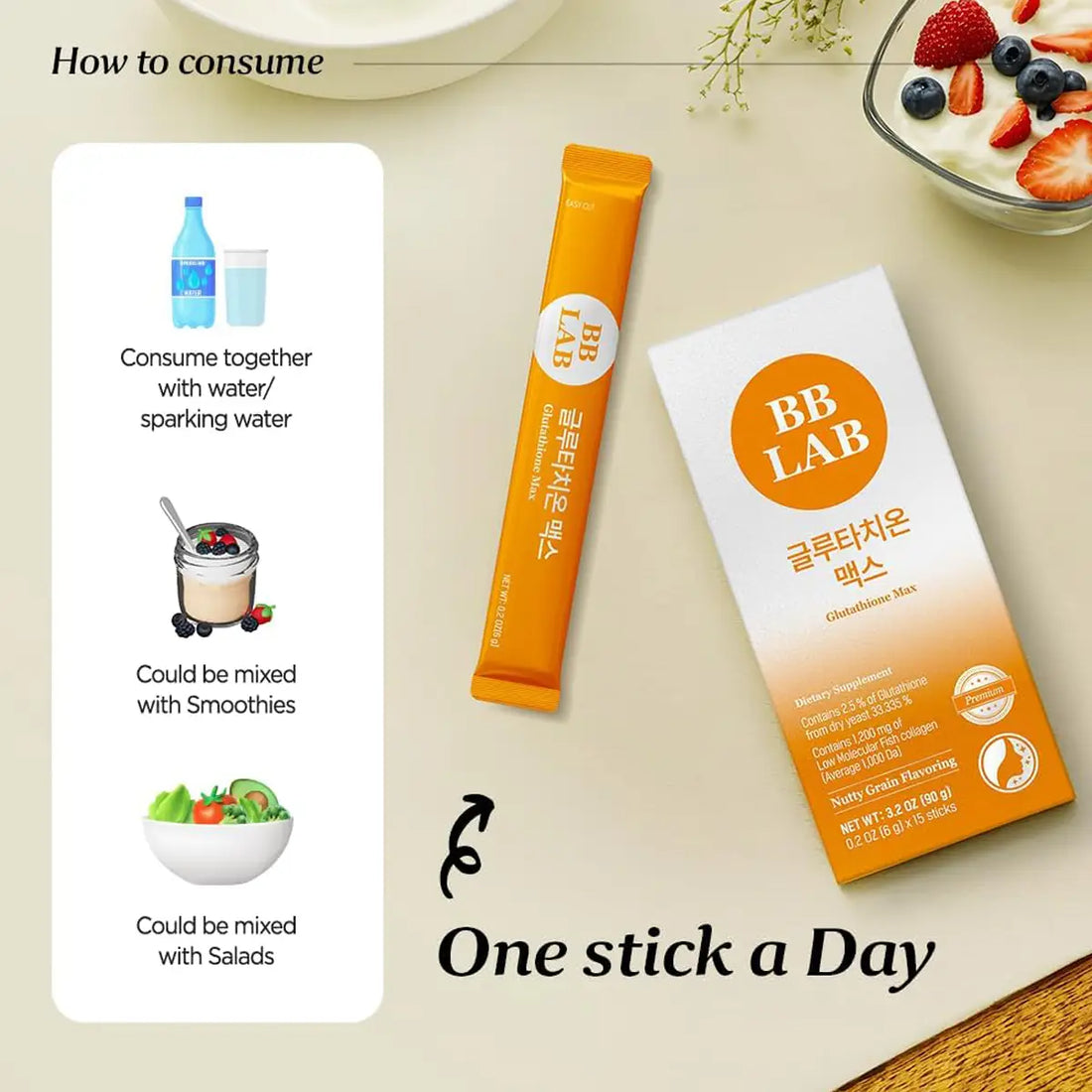 BB LAB Glucose Control BB stick packaging shown next to a white instruction panel with usage tips, on a beige tabletop with a bowl of yogurt and fruit in the background.