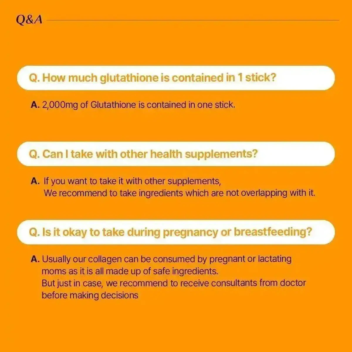 An orange informational graphic with the heading 'Q&A' and three question-answer entries about glutathione content, supplement compatibility, and use during pregnancy or breastfeeding.