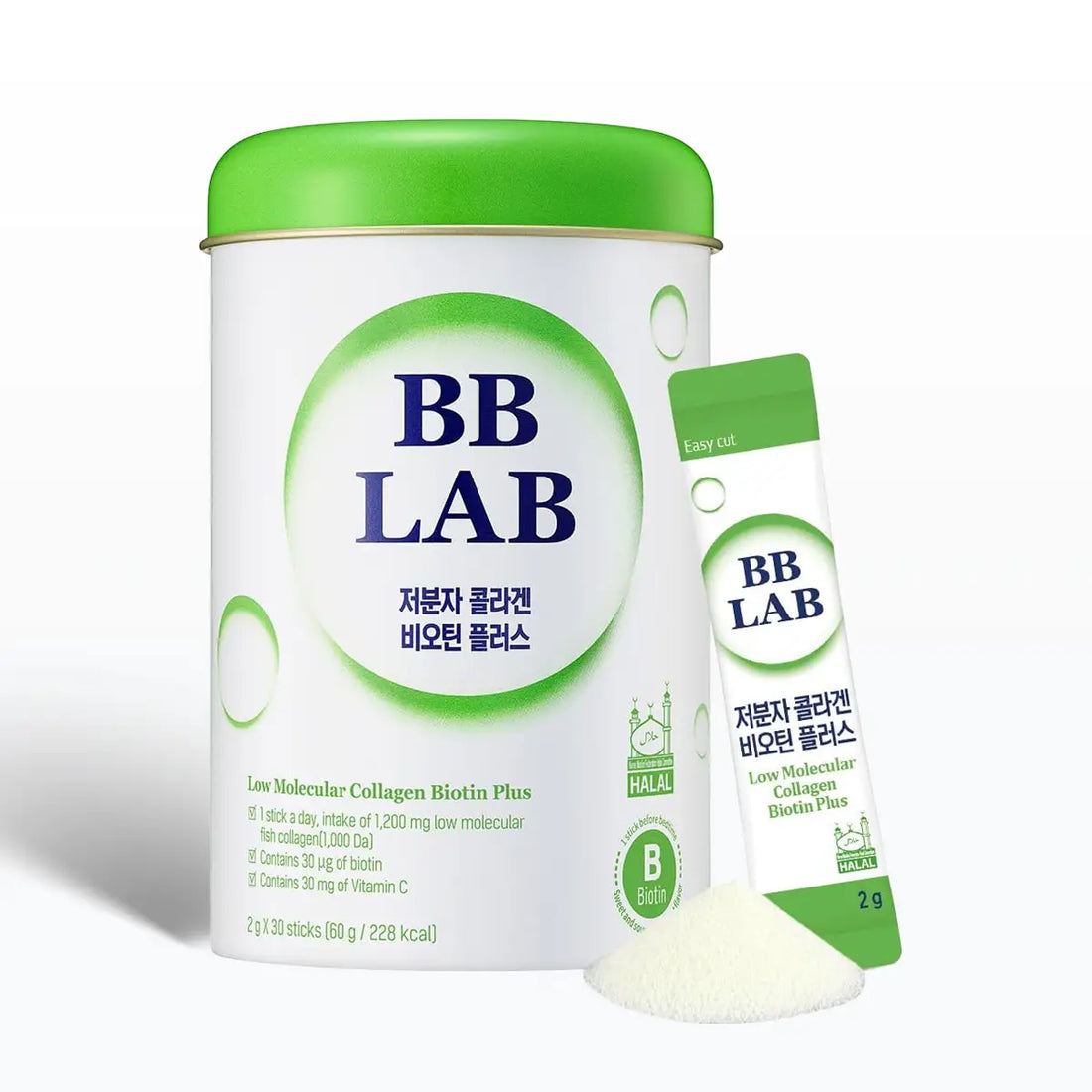 BB LAB collagen biotin plus supplement in a white cylindrical container with a bright green lid, shown alongside a matching single-serve stick pack and a small pile of white powder on a clean white background.