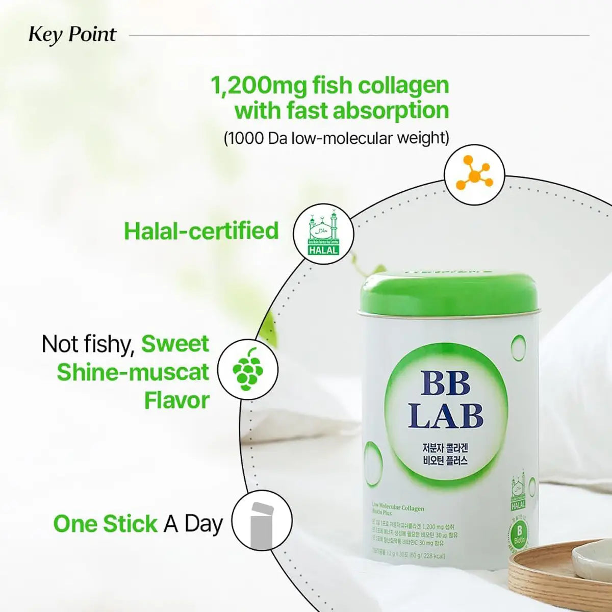 BB LAB fish collagen product with features highlighted on a white background