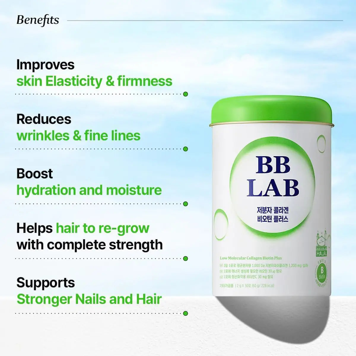 BB LAB collagen hair care product canister shown on a light blue background with text listing benefits such as improved skin elasticity, reduced wrinkles, boosted hydration, stronger hair, and stronger nails.