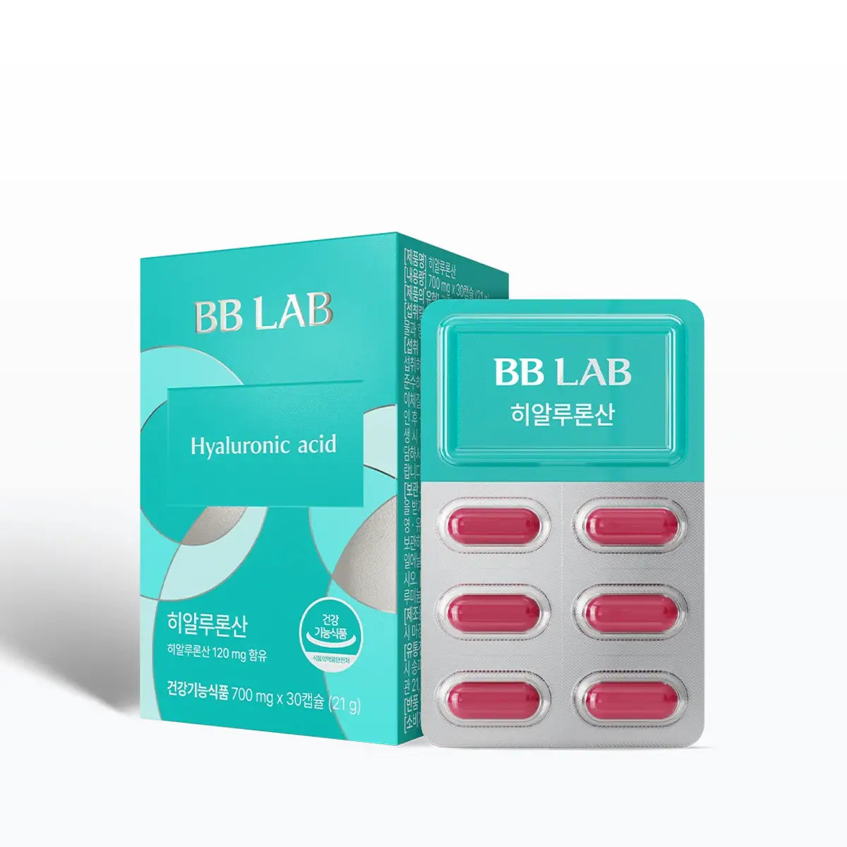 BB LAB Hyaluronic acid skincare packaging featuring a teal and white box alongside a silver blister pack containing pink-red capsules, set against a clean white background.