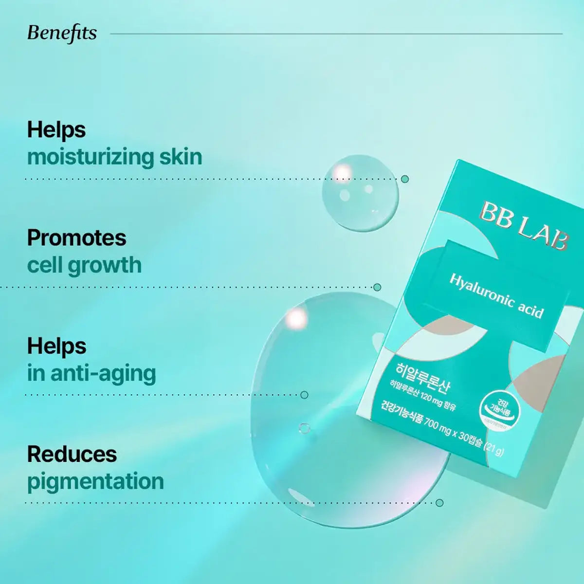 BB LAB Hyaluronic acid skincare packaging shown on a light aqua background with text listing benefits: moisturizing skin, cell growth, anti-aging, and reduced pigmentation.