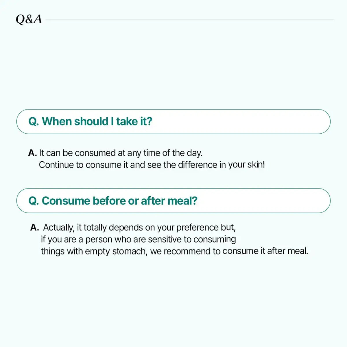 A light blue and white informational graphic with the heading 'Q&A' and two question boxes in Russian: 'When should I take it?' and 'Consume before or after meal?'. The text below answers that it can be consumed anytime and suggests consuming it after a meal.
