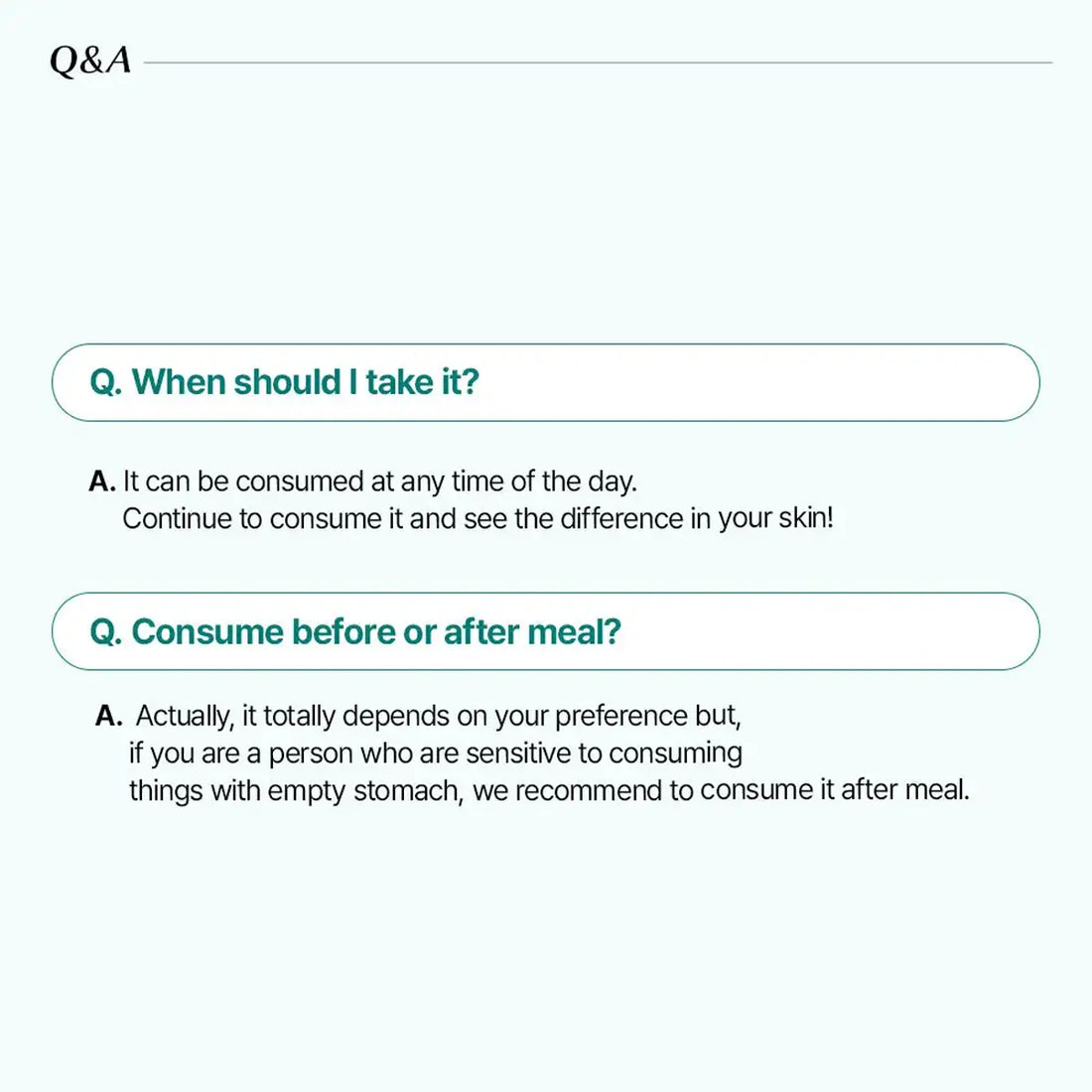 A light blue and white informational graphic with the heading 'Q&A' and two question boxes in Russian: 'When should I take it?' and 'Consume before or after meal?'. The text below answers that it can be consumed anytime and suggests consuming it after a meal.