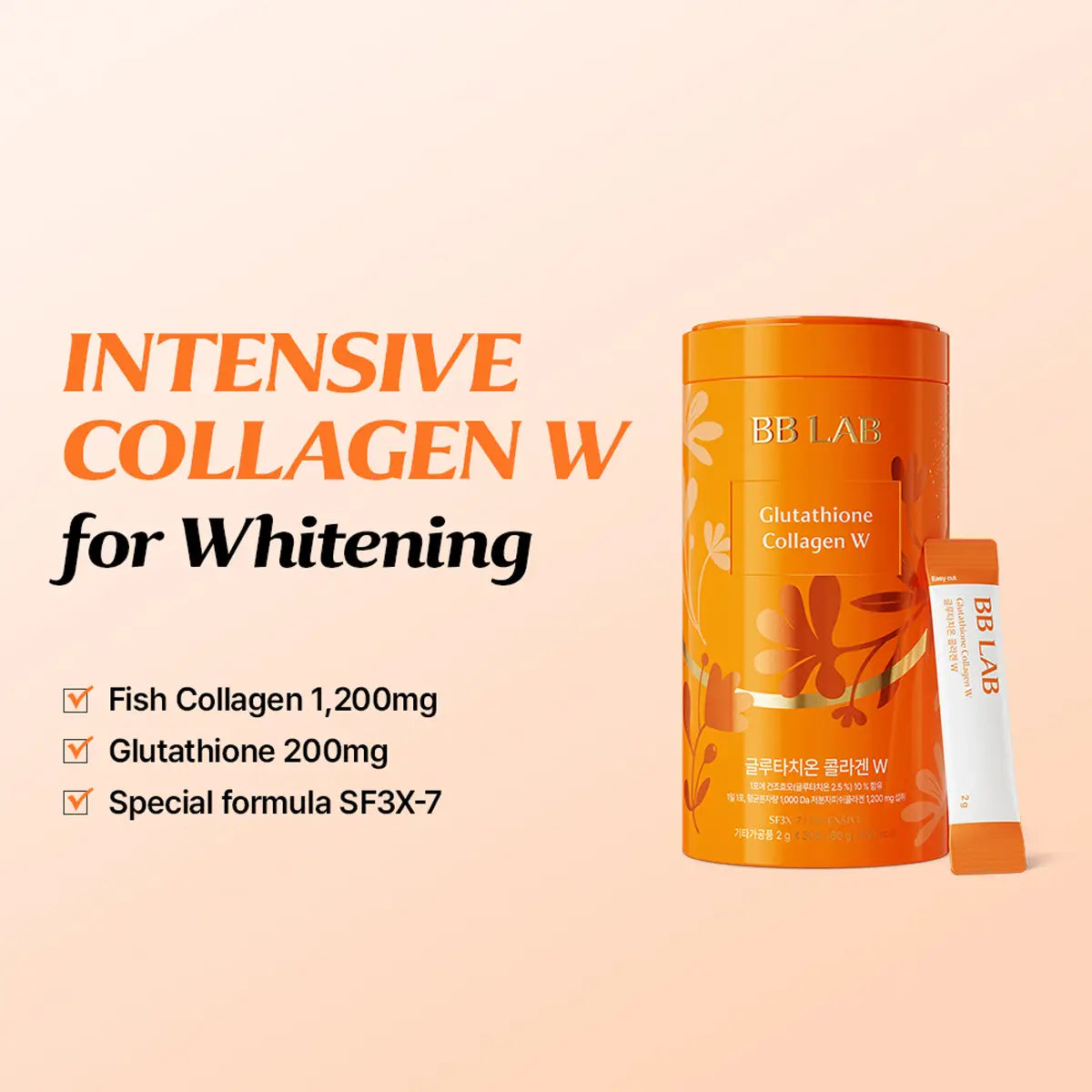 BB LAB Intensive Collagen W for Whitening supplement package, featuring an orange cylindrical container and a matching single-use stick pack on a pale peach background with product text and ingredient details.