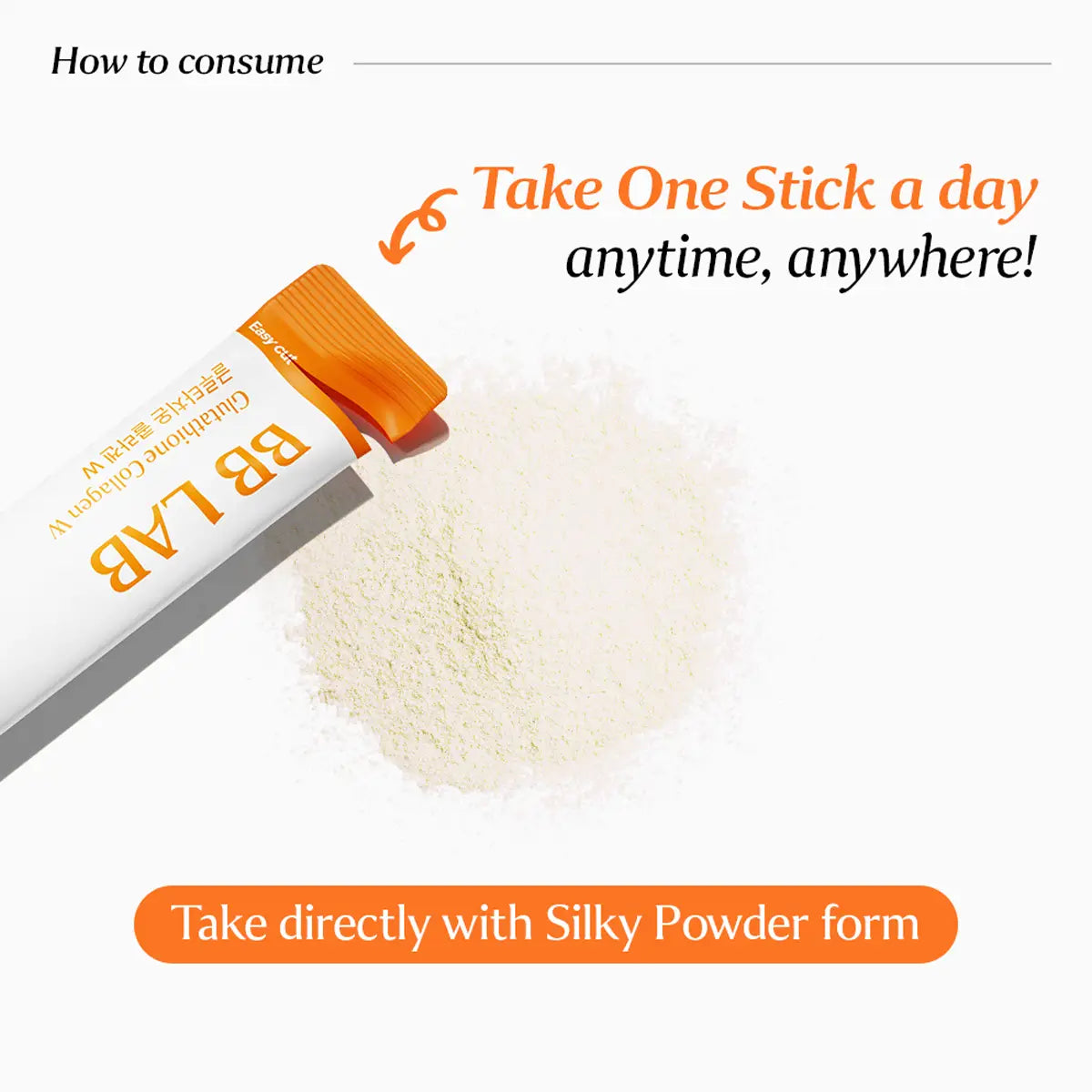 BB LAB Guaiacol Complex IV dietary supplement stick packaging shown with a pile of white silky powder and promotional text on a white background.