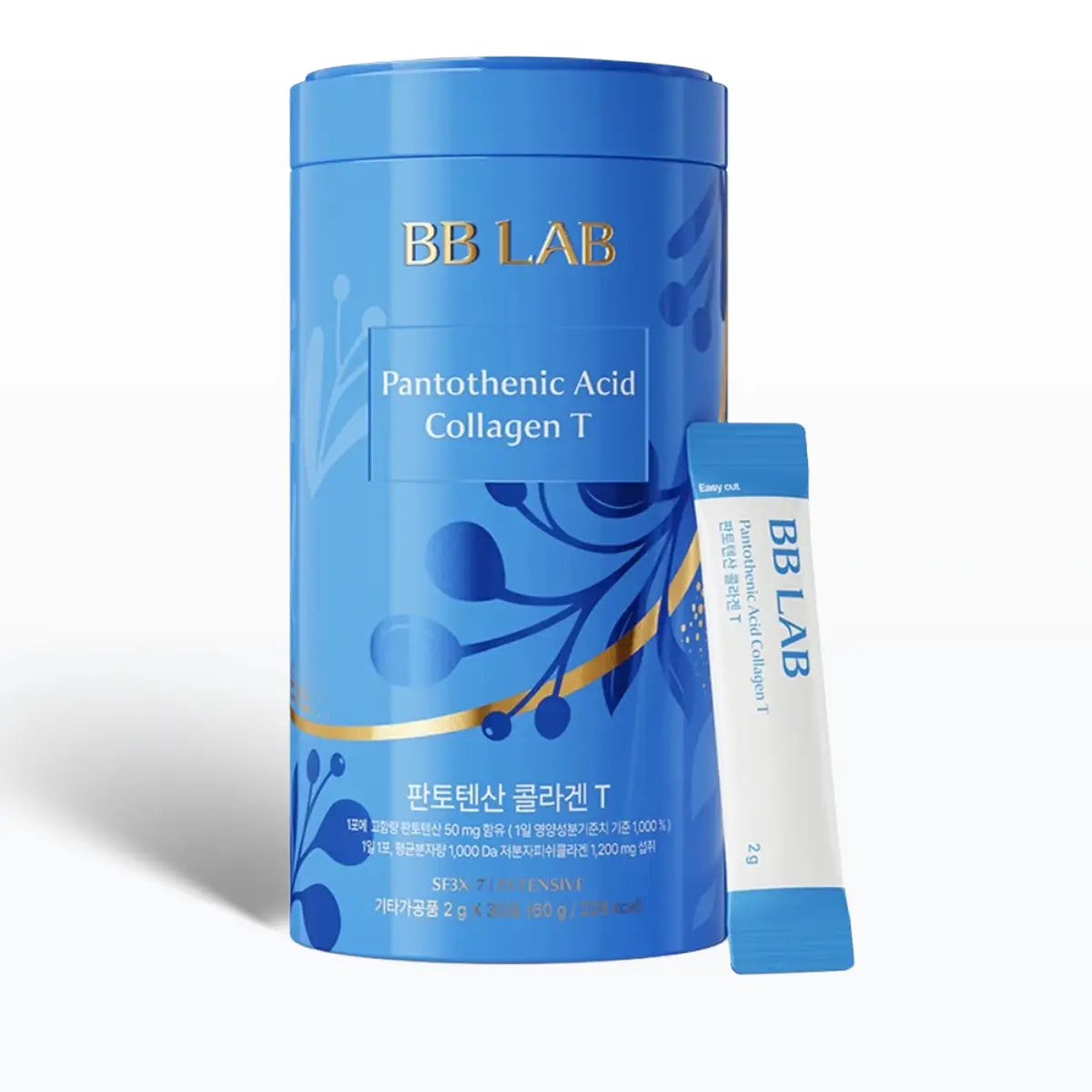 BB LAB Pantothenic Acid Collagen T supplement packaging, featuring a blue cylindrical container with gold lettering and a matching blue-and-white single-use stick pack beside it on a white background.