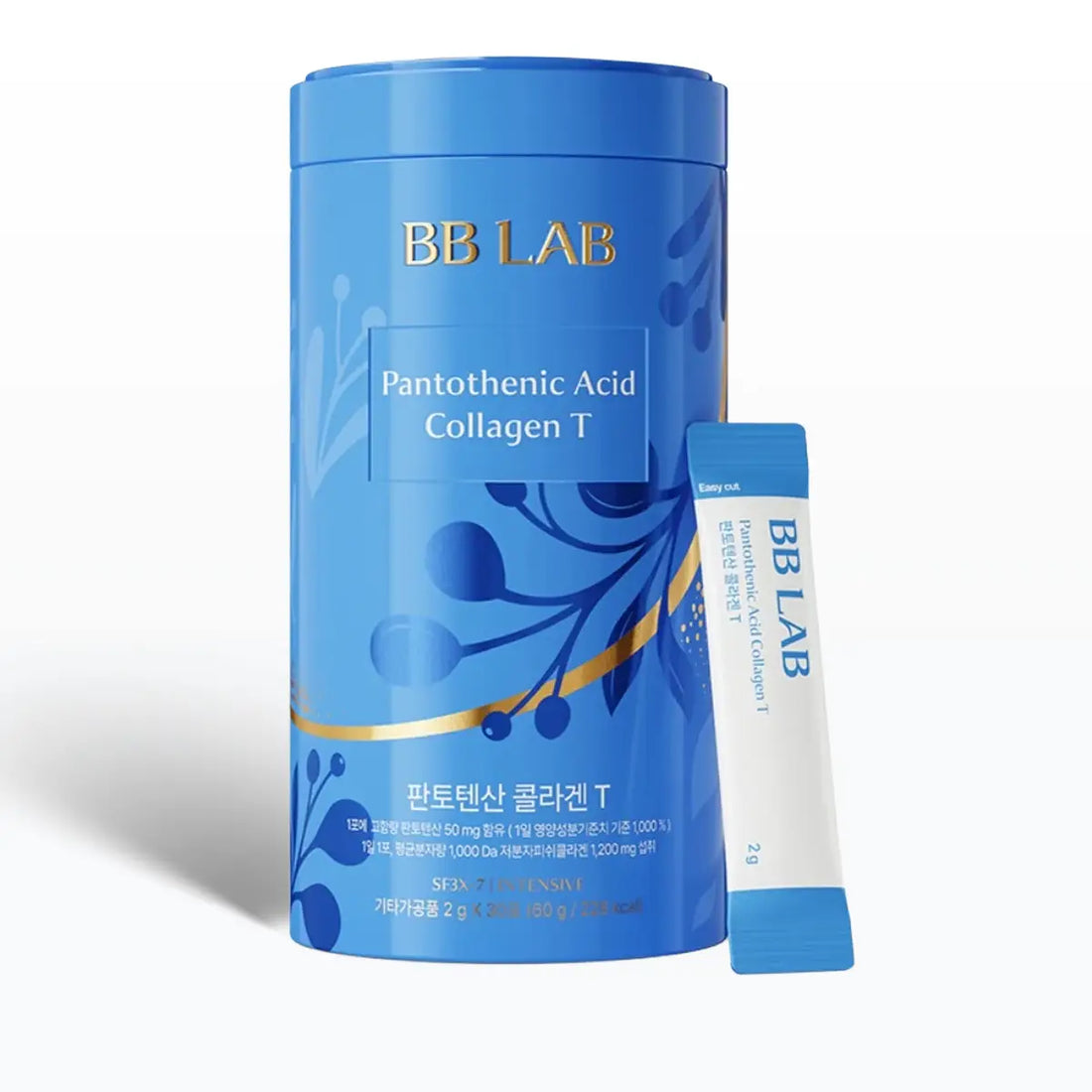 BB LAB Pantothenic Acid Collagen T supplement packaging, featuring a blue cylindrical container with gold lettering and a matching blue-and-white single-use stick pack beside it on a white background.