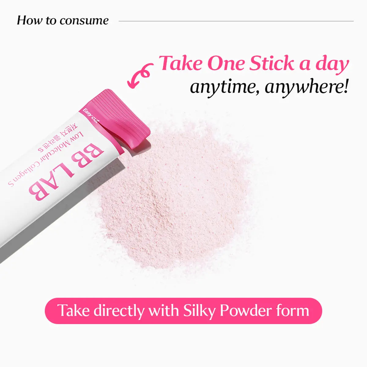 BB LAB Low Molecular Collagen S in a white stick packet with a pink cap, shown next to a pile of light pink collagen powder on a white background with promotional text.