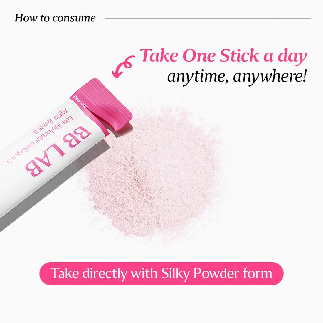 BB LAB Low Molecular Collagen S in a white stick packet with a pink cap, shown next to a pile of light pink collagen powder on a white background with promotional text.