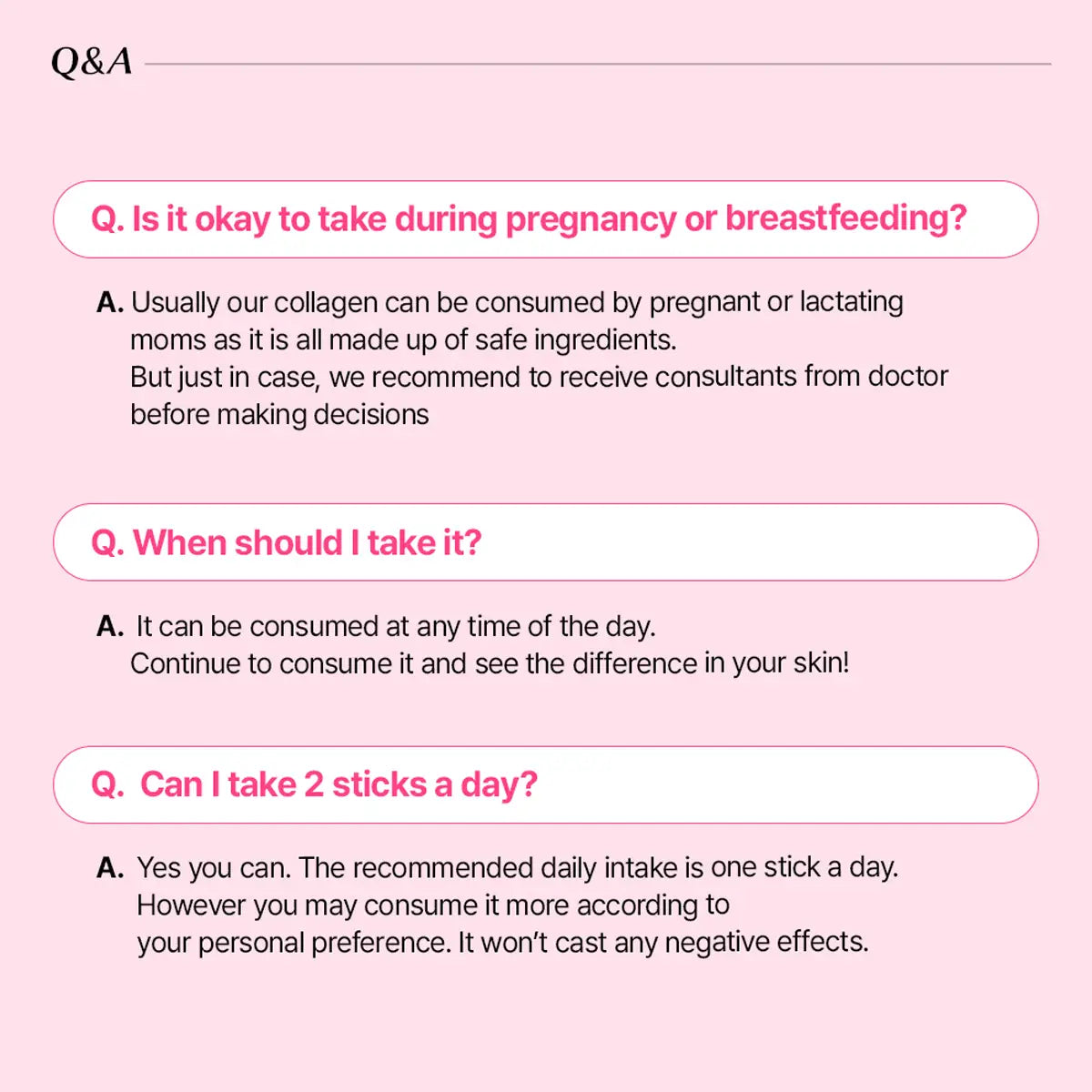 A pink informational graphic with the heading 'Q&A' and three question boxes containing text about collagen use during pregnancy or breastfeeding, timing of consumption, and whether to take two sticks a day.