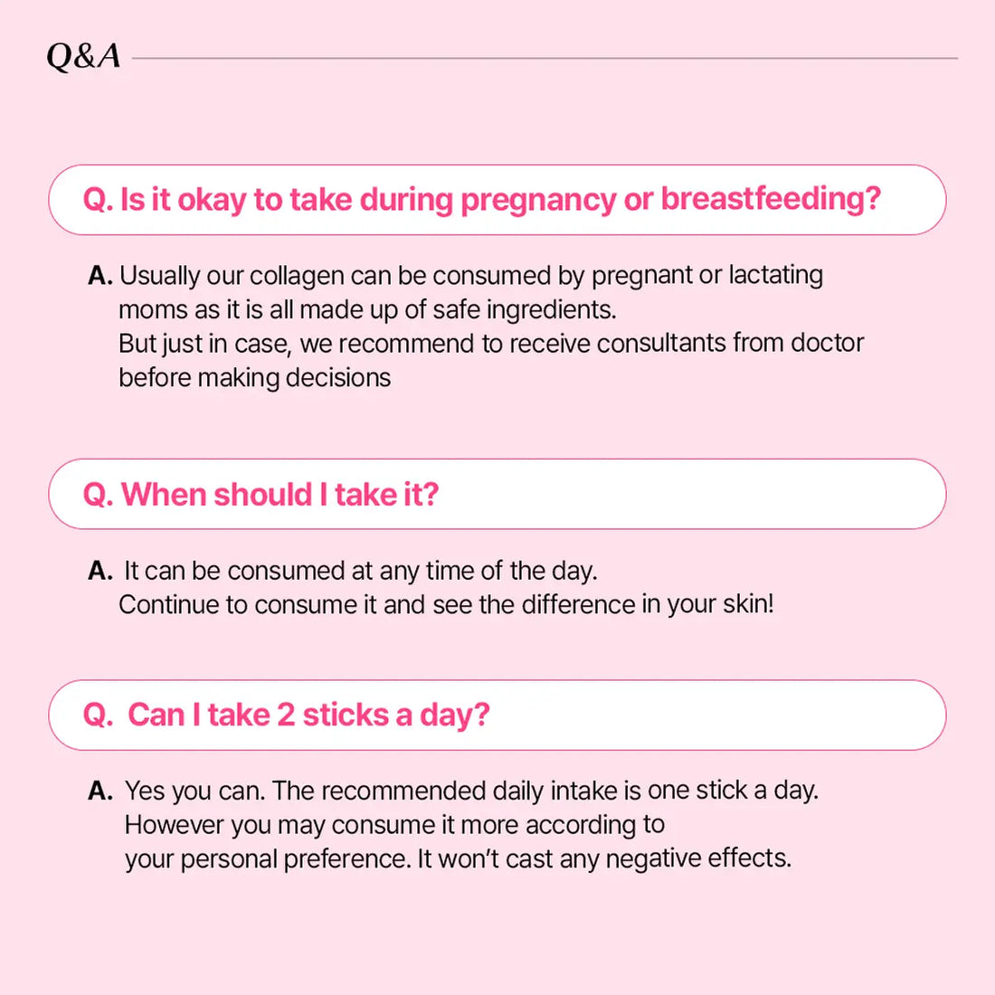 A pink informational graphic with the heading 'Q&A' and three question boxes containing text about collagen use during pregnancy or breastfeeding, timing of consumption, and whether to take two sticks a day.