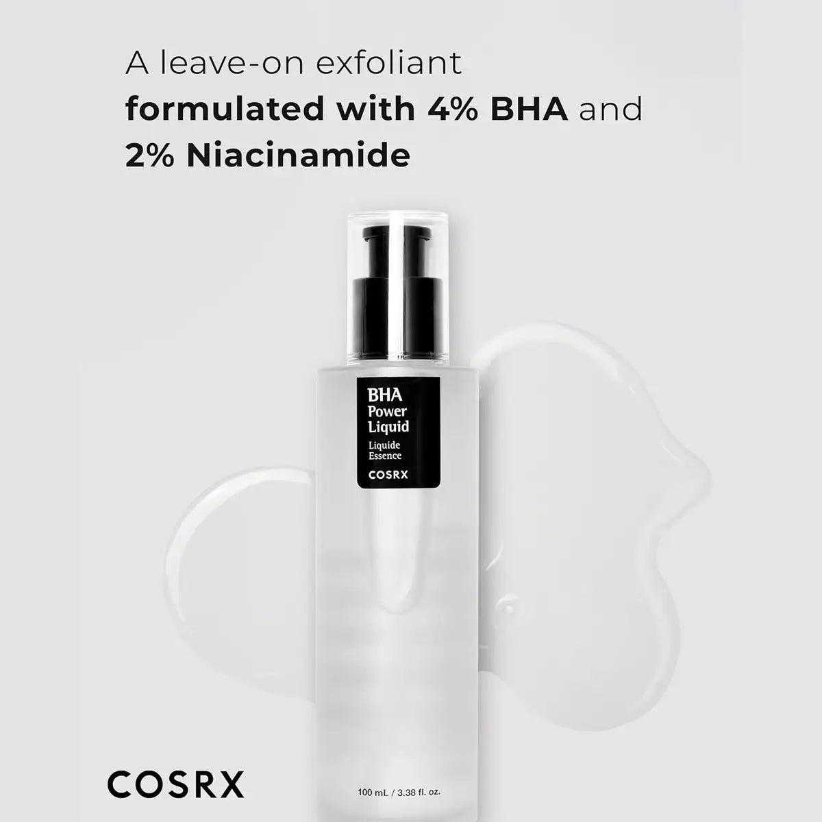COSRX leave-on exfoliant bottle with text on a light gray background