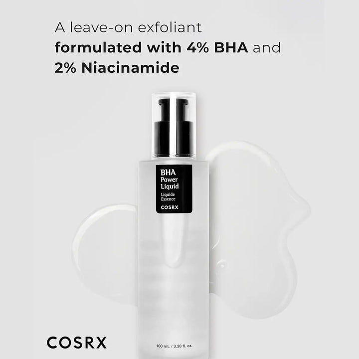COSRX leave-on exfoliant bottle with text on a light gray background