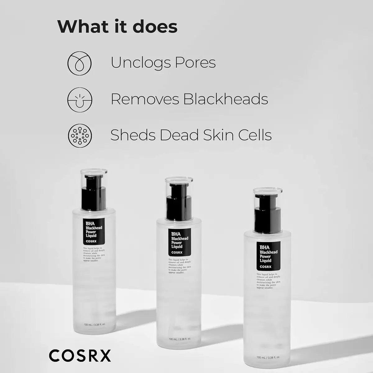 Three bottles of COSRX skincare product on a light gray background with text detailing product benefits.