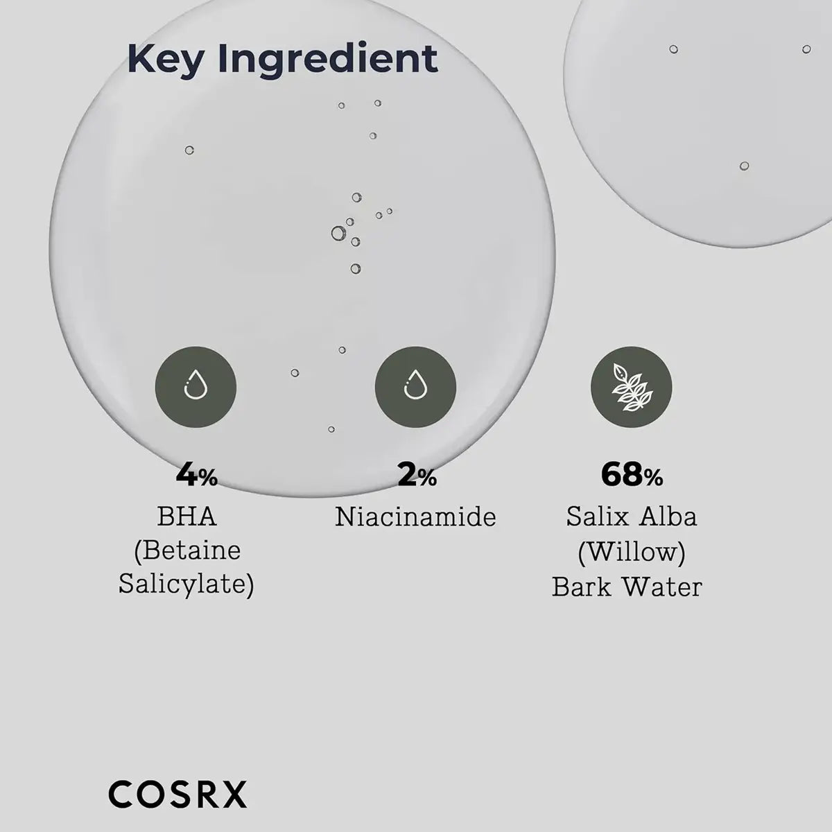Diagram of key ingredients with percentages and COSRX branding on a light gray background