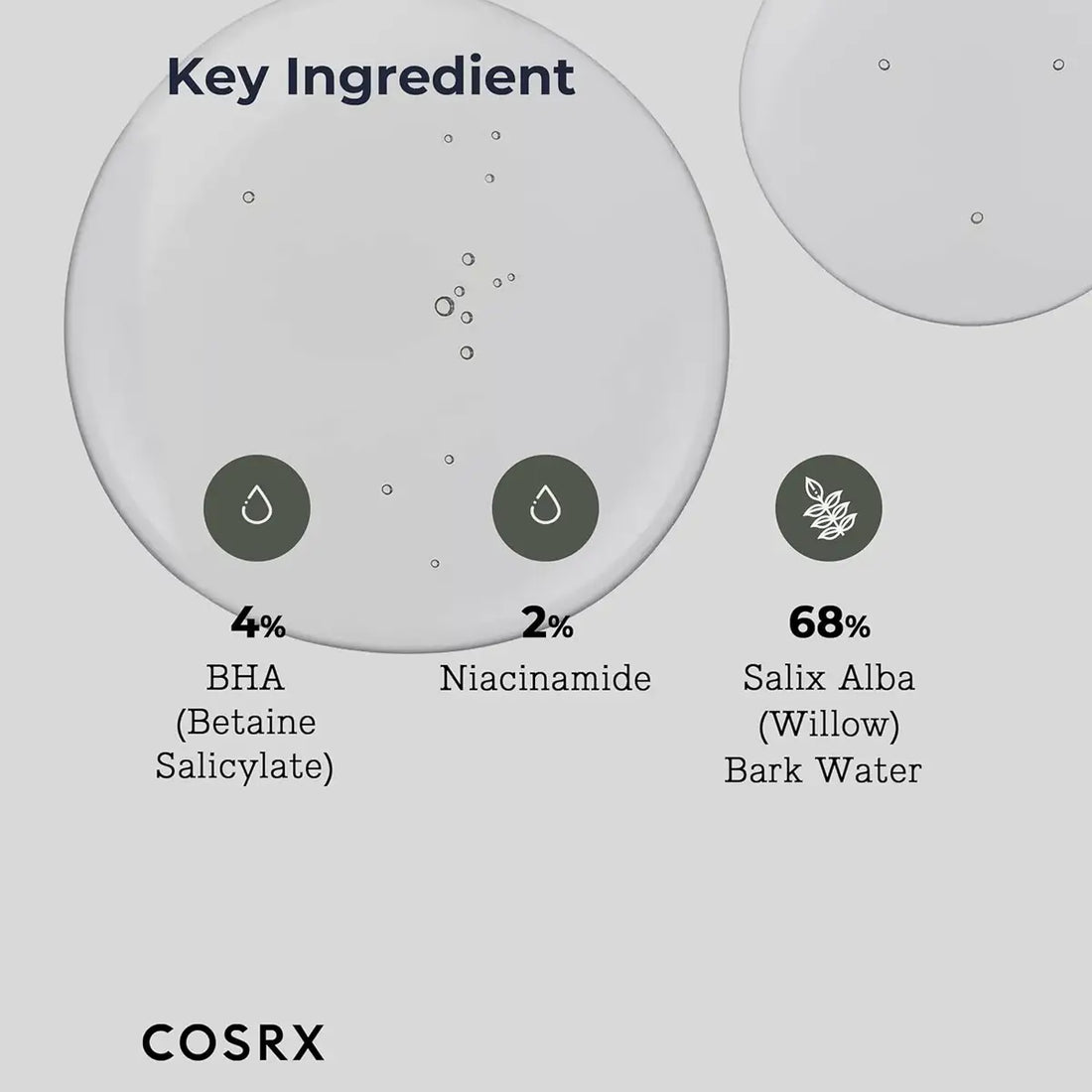 Diagram of key ingredients with percentages and COSRX branding on a light gray background