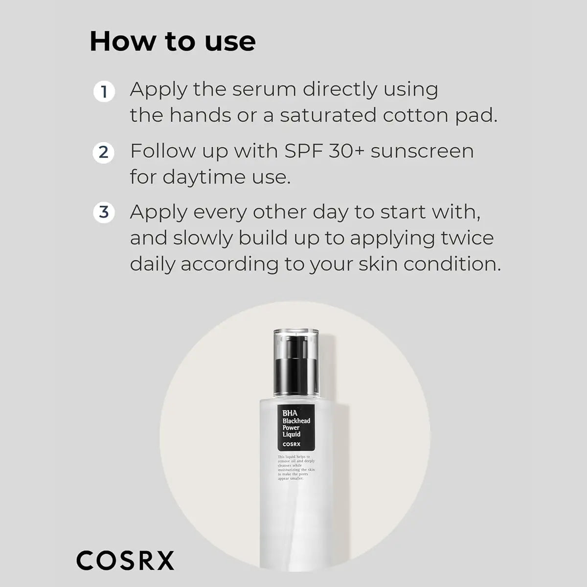 Cosrx serum bottle with usage instructions on a gray background