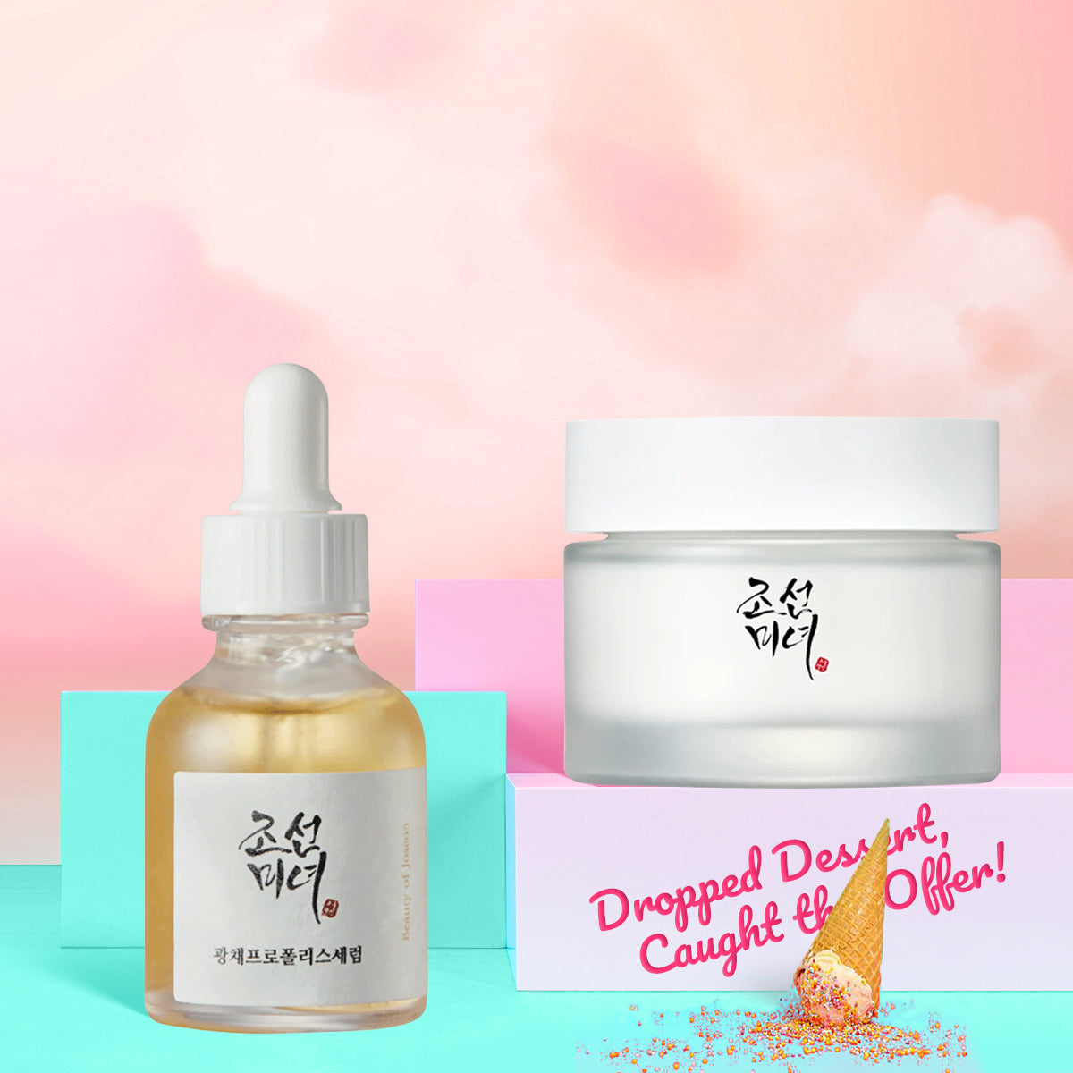 Skincare product set with dropper bottle and jar on a colorful background