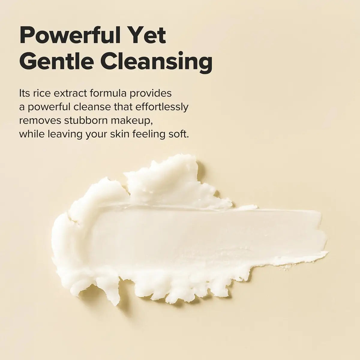 Product smear with text about rice extract formula on a beige background