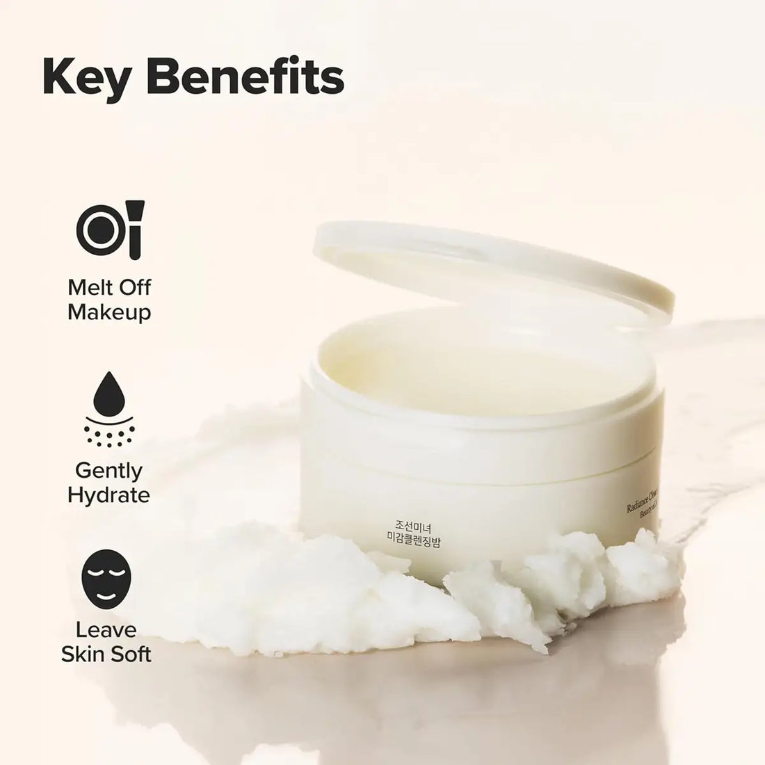 Cosmetic product with key benefits listed on a light background