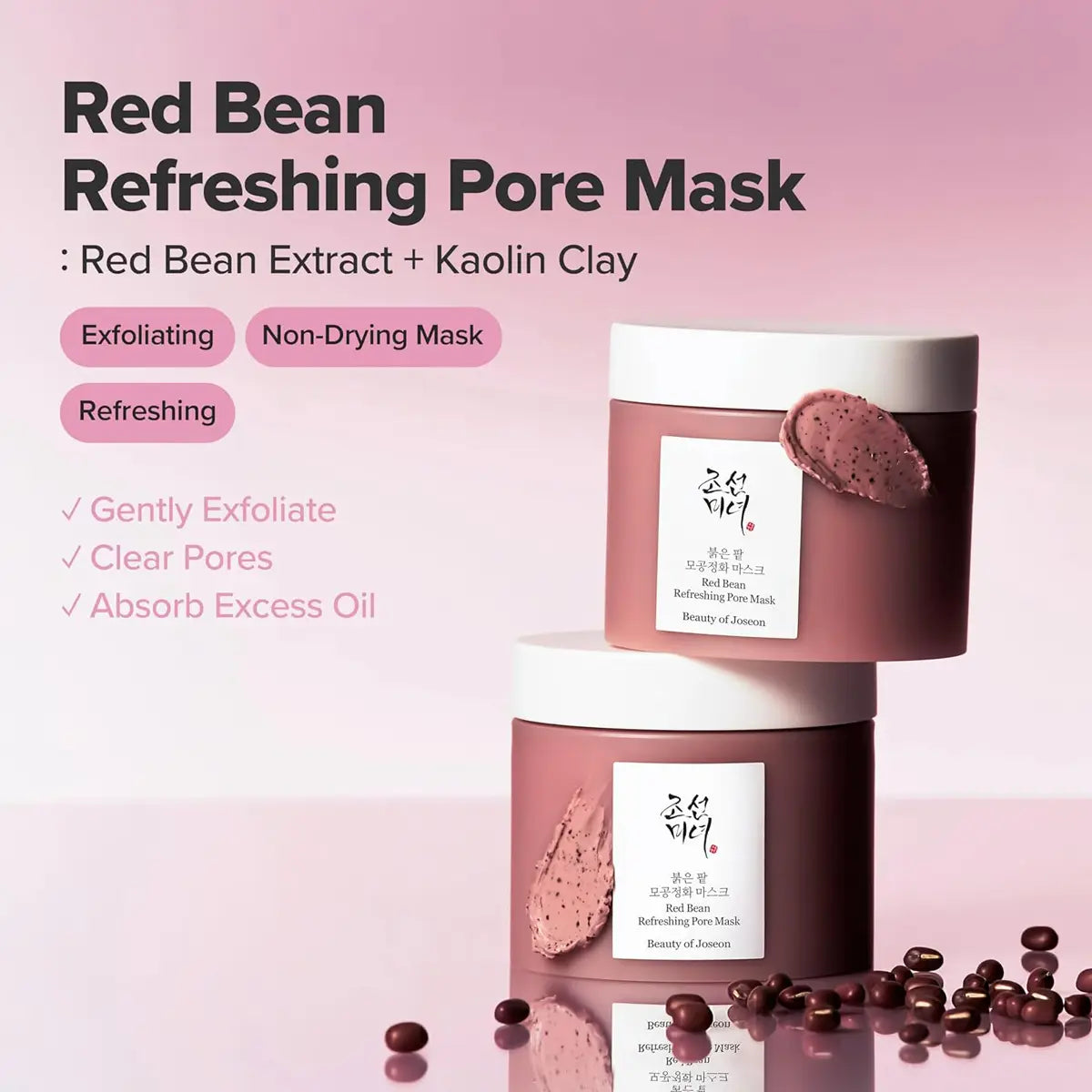 Red Bean Refreshing Pore Mask with product details on a pink background