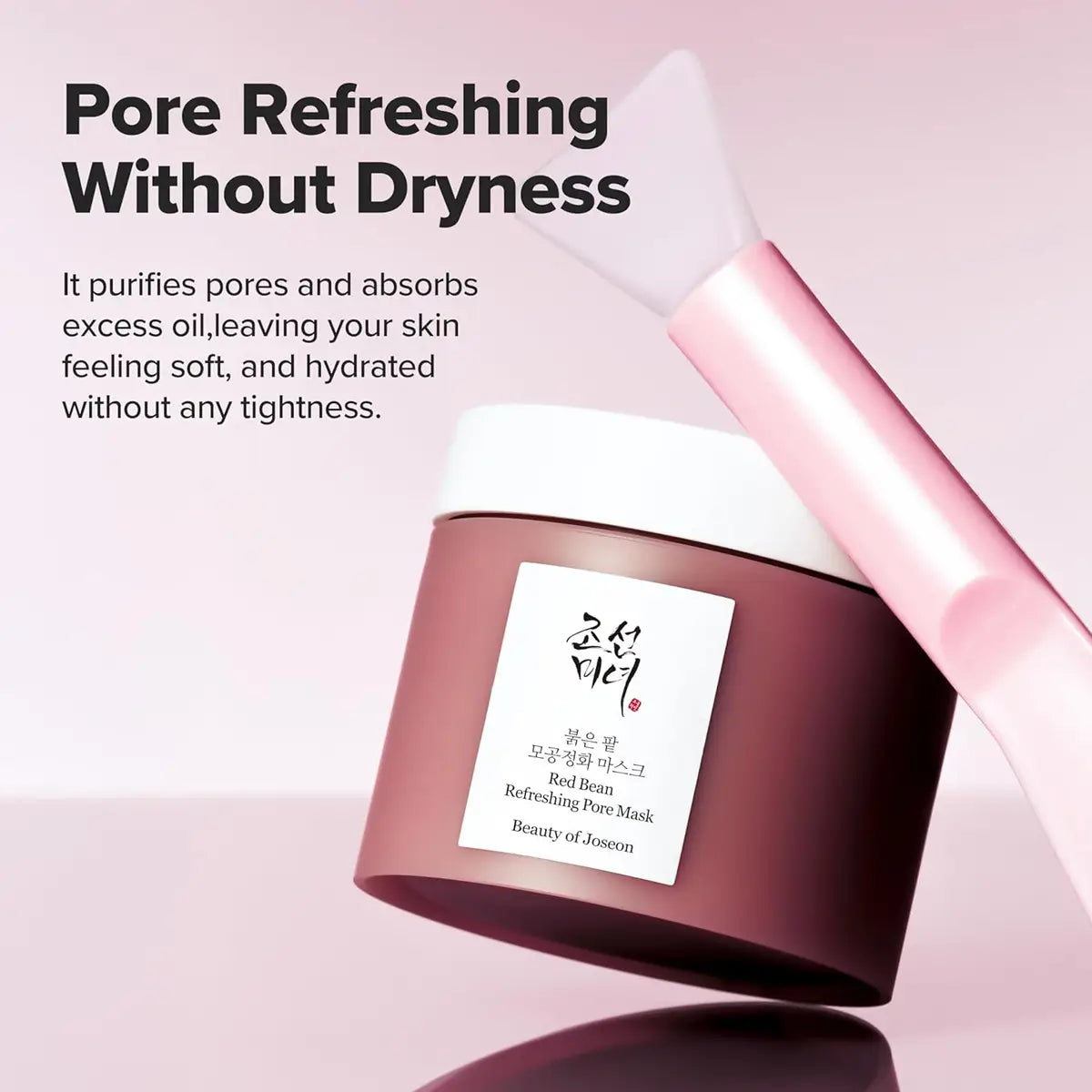 Cosmetic product with a pink applicator on a light pink background, featuring text about pore refreshing.