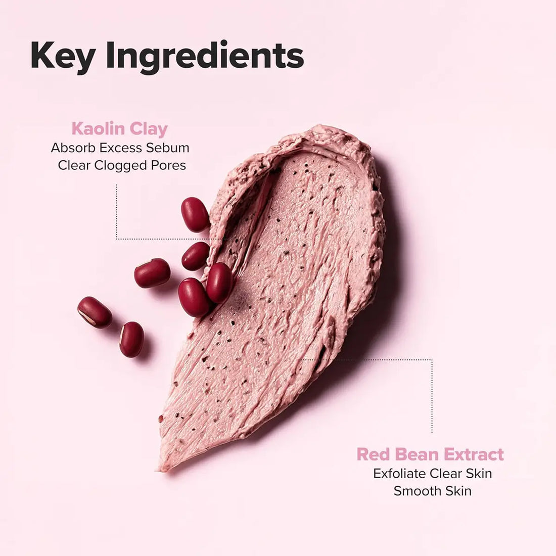 Cosmetic product with kaolin clay and red bean extract on a pink background