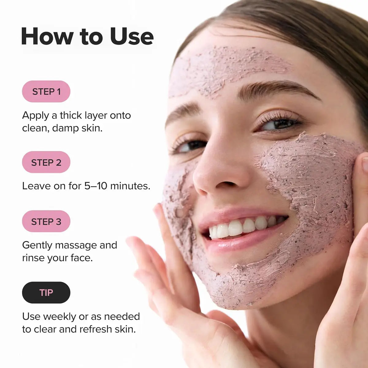 Woman applying a face mask with instructions on how to use it.