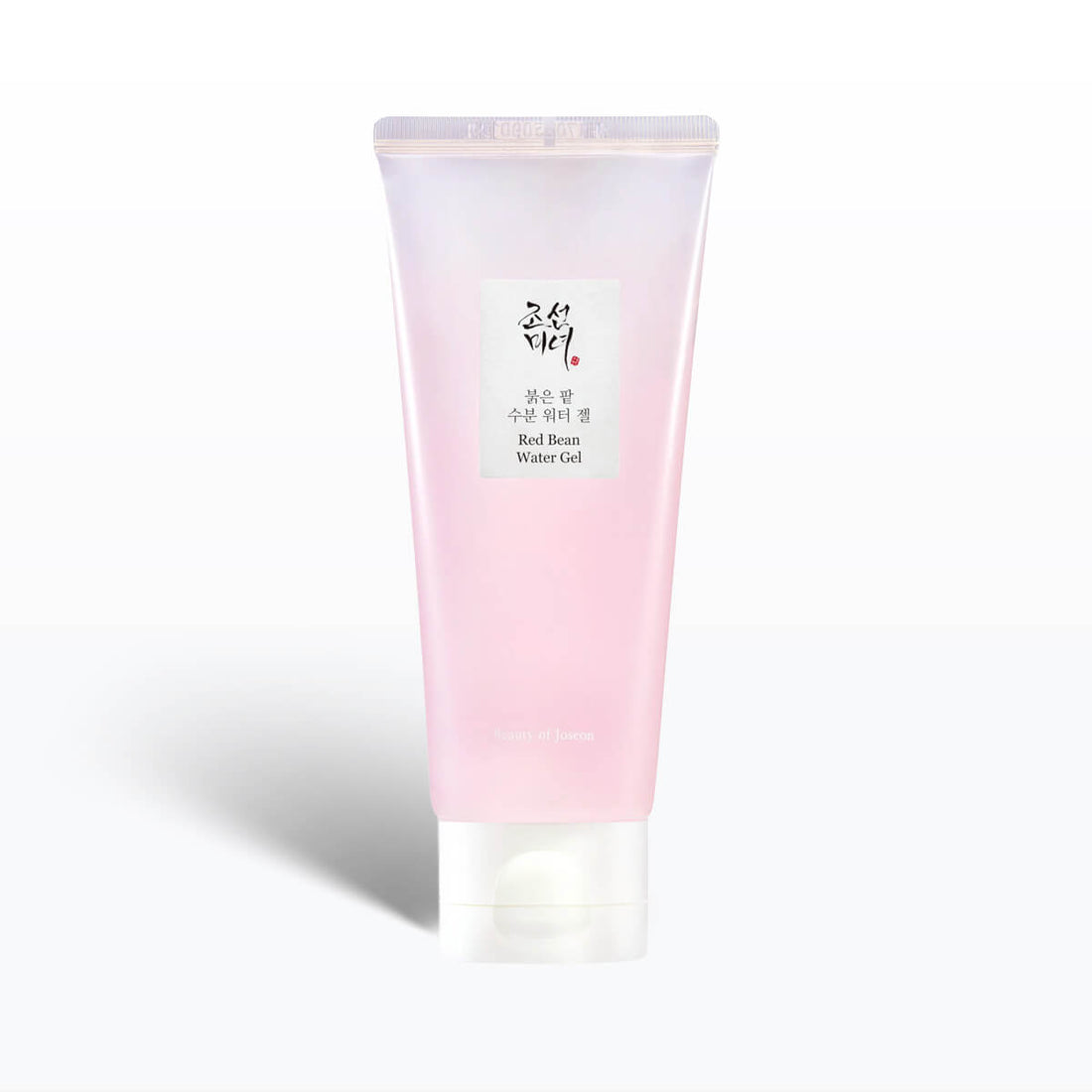 Pink and white tube of Red Bean Water Gel on a light gray background