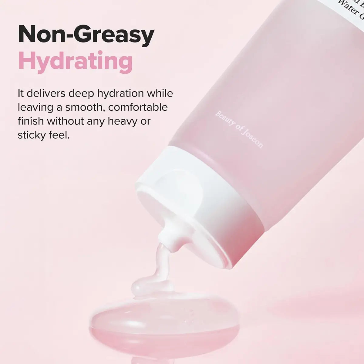 Pink skincare product tube with text about non-greasy hydrating properties on a pink background