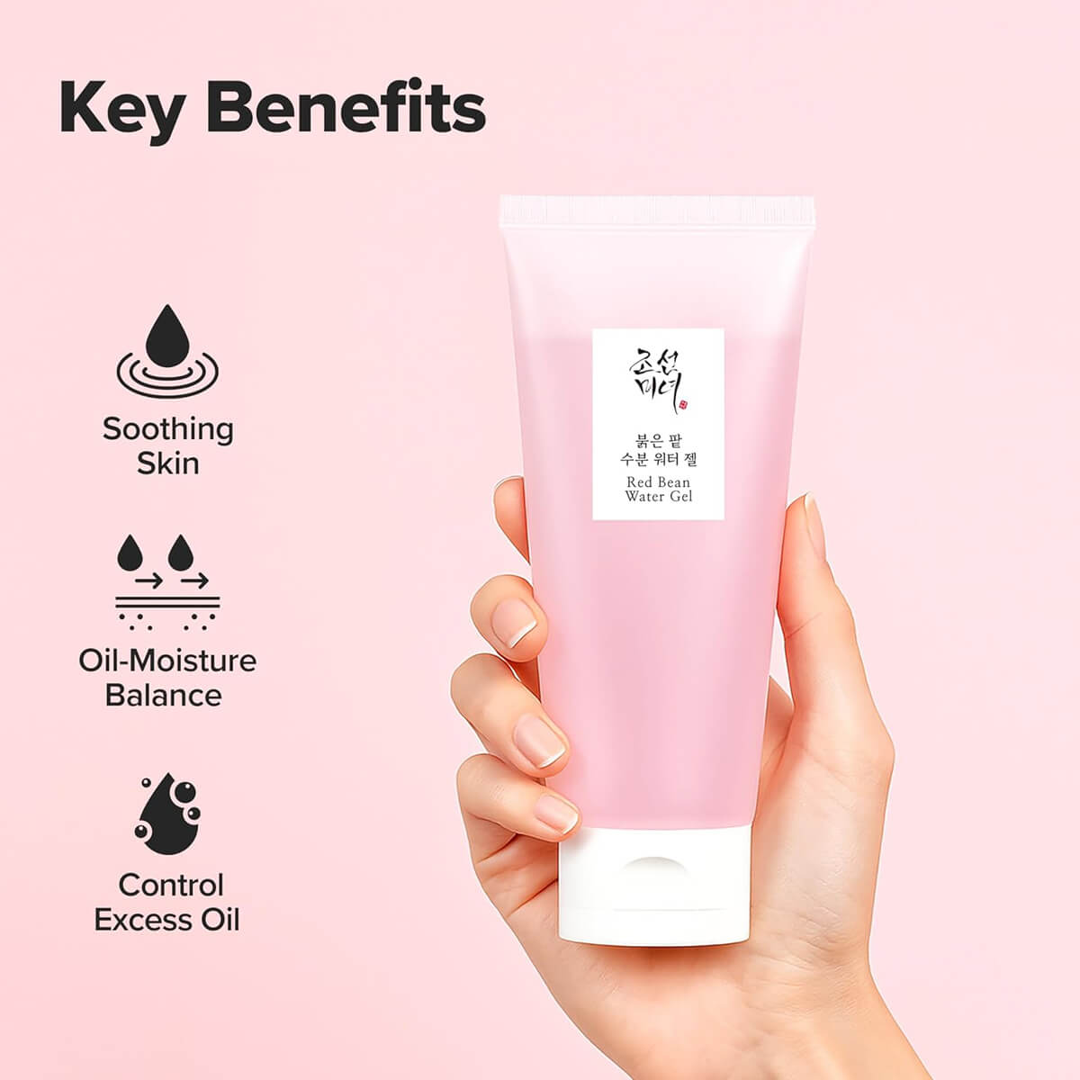 Hand holding a pink tube of skincare product with key benefits listed on a pink background