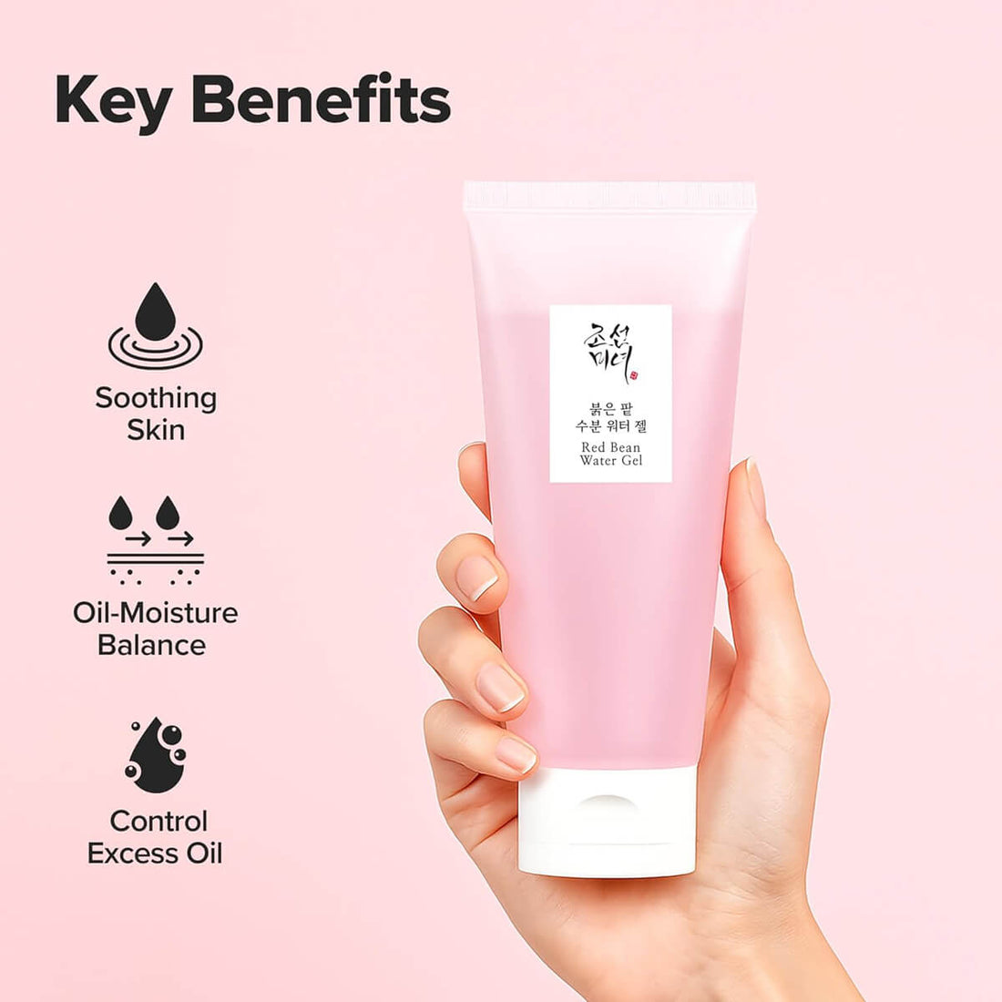 Hand holding a pink tube of skincare product with key benefits listed on a pink background