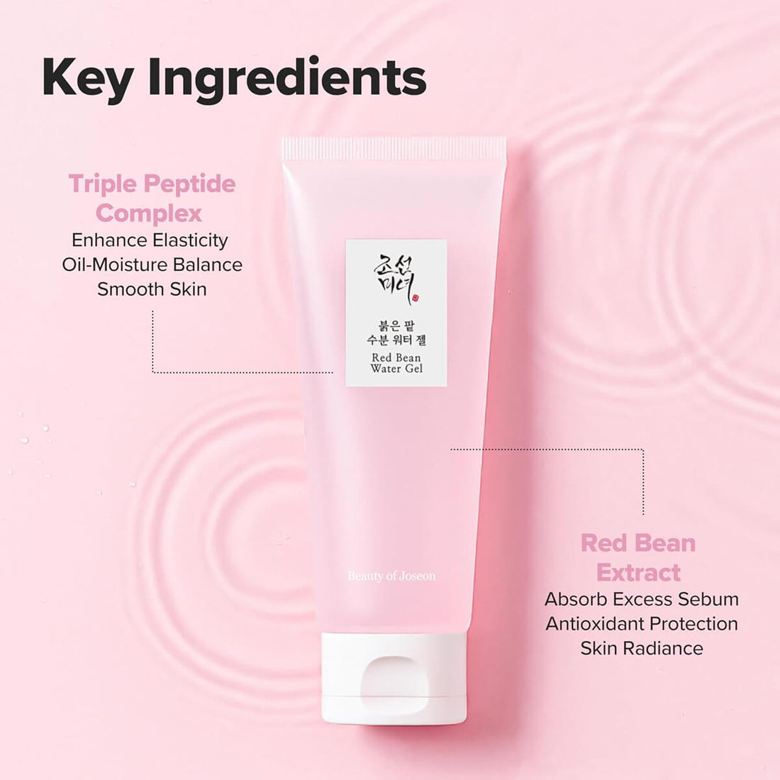 Pink tube of skincare product with key ingredients listed on a pink background