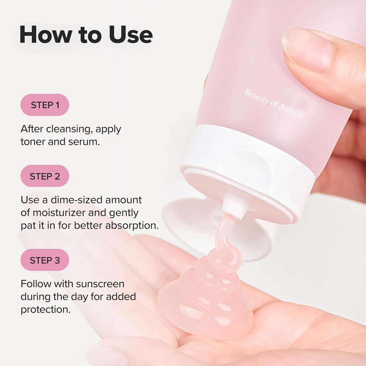 Step-by-step guide on how to use a skincare product with text and close-up of hands applying cream.