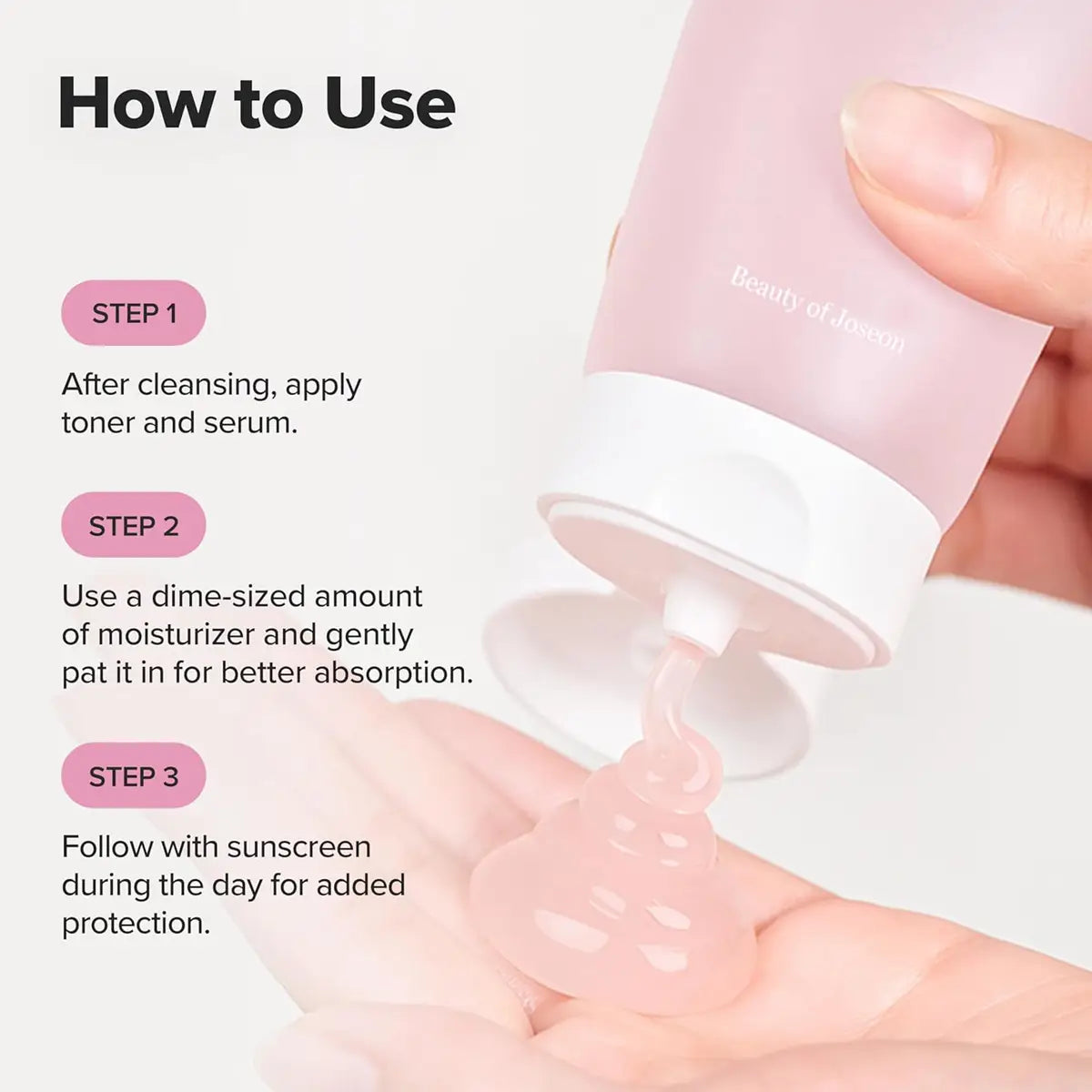 Step-by-step guide on how to use skincare products with text and a close-up of a hand applying cream.