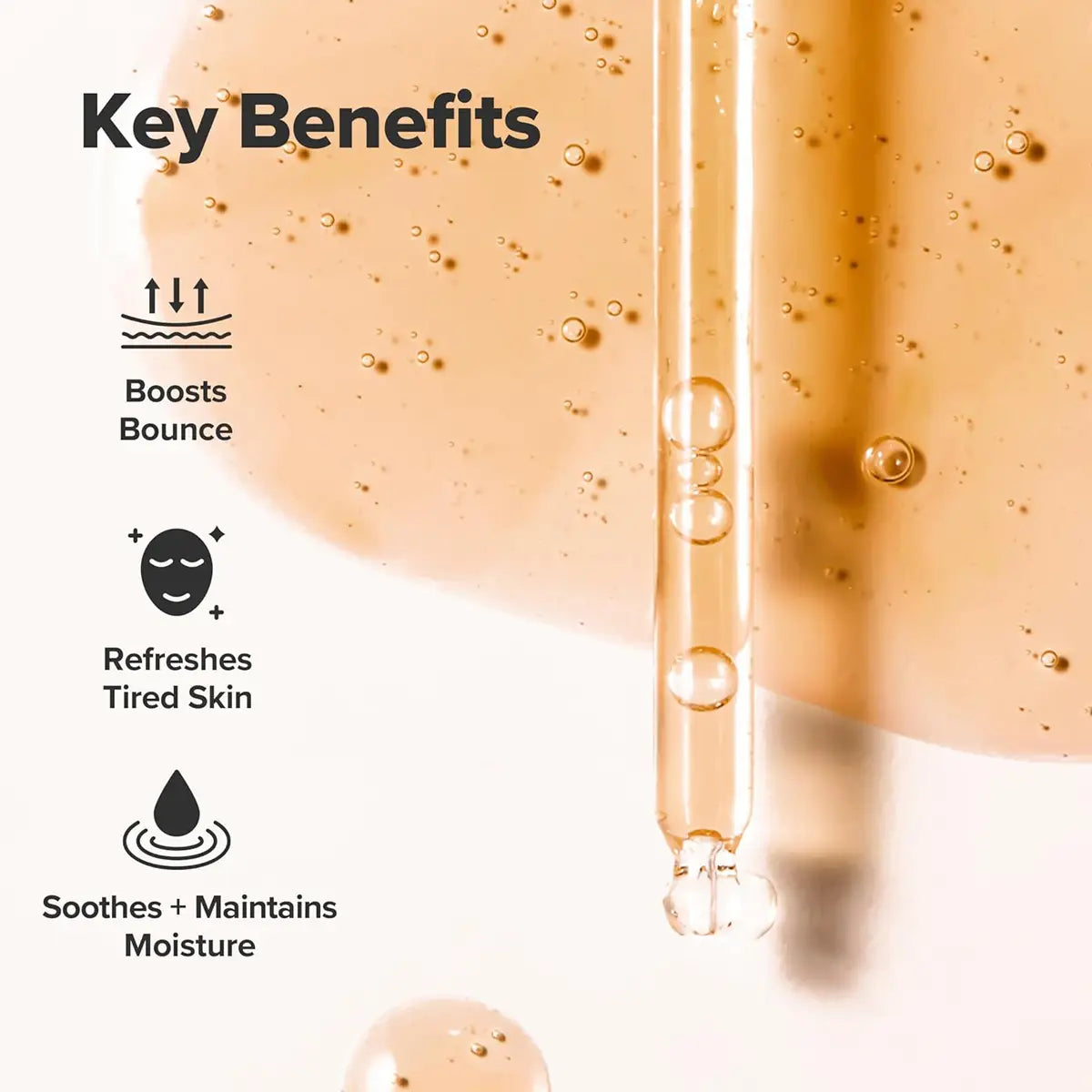 Skincare serum with dropper and key benefits text on a light background