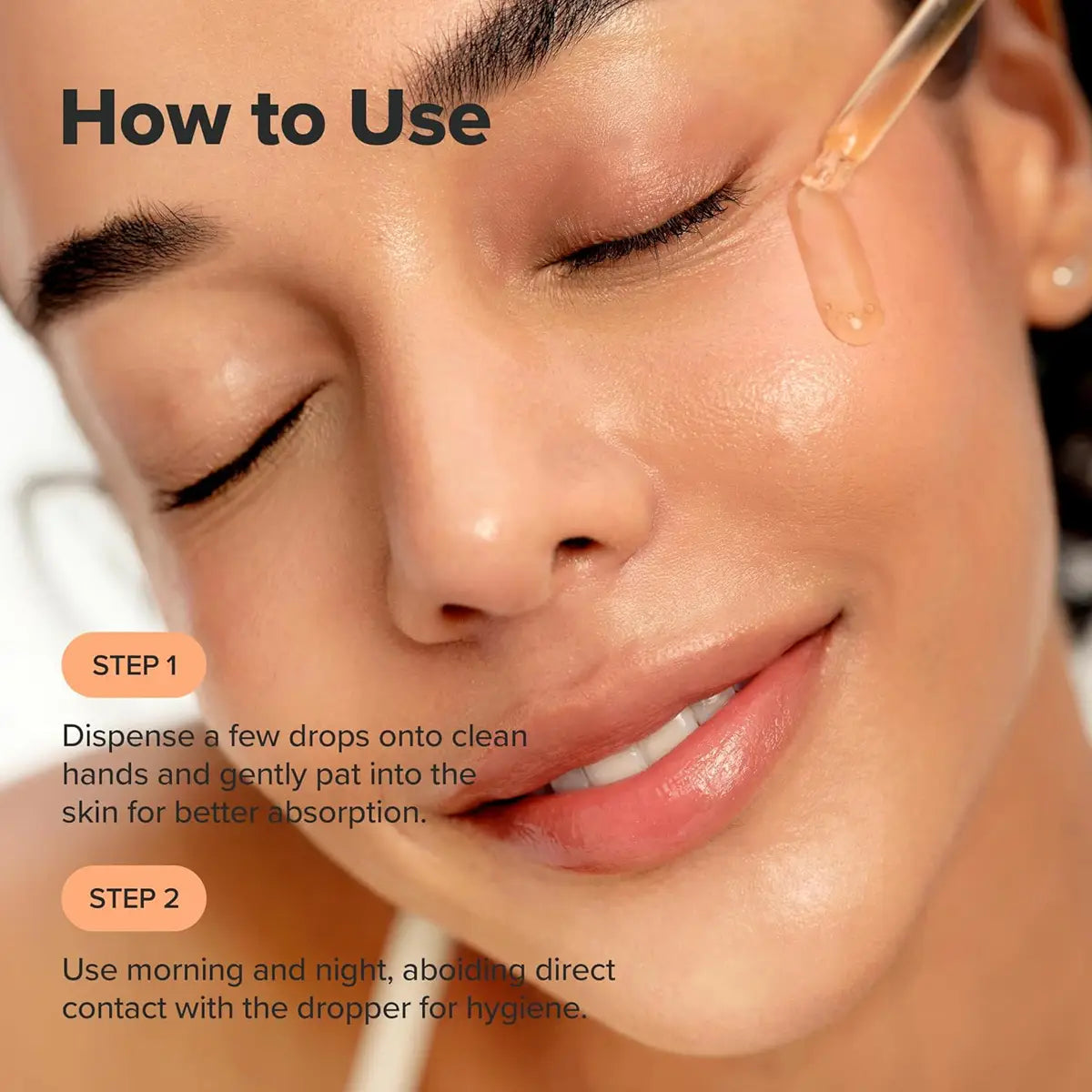 Close-up of a woman's face with text on how to use a skincare product.